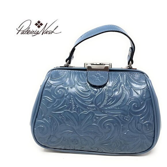 PATRICIA NASH Framed Bag Crossbody/Satchel in Tooled Leather in Mirage Blue
